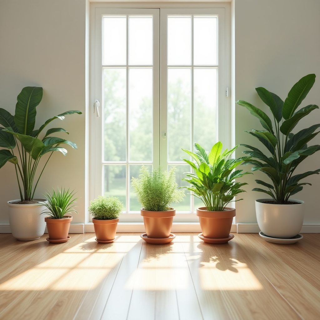 Distintas plantas colocadas a diferentes distancias de una ventana para ilustrar los niveles de luz
