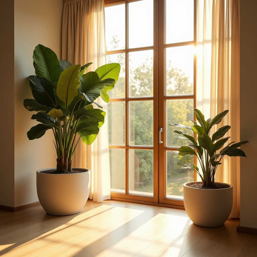 Rincón de oficina con plantas de hoja oscura junto a una ventana con luz de otoño