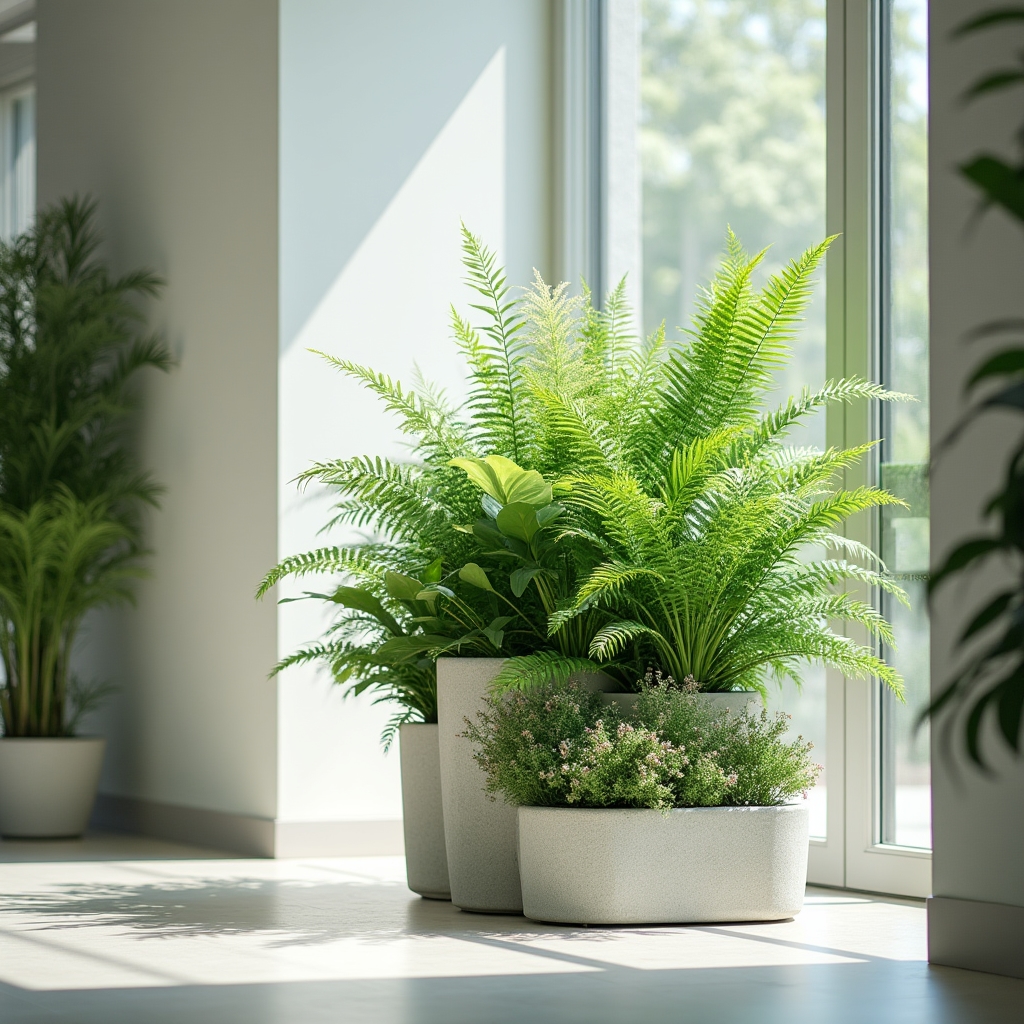 Composición de plantas de gran formato con follaje fresco típica de primavera en un vestíbulo